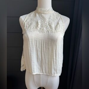 Free People Ivory Creme Lace Halter Blouse Open Back Feminine Delicate Romantic